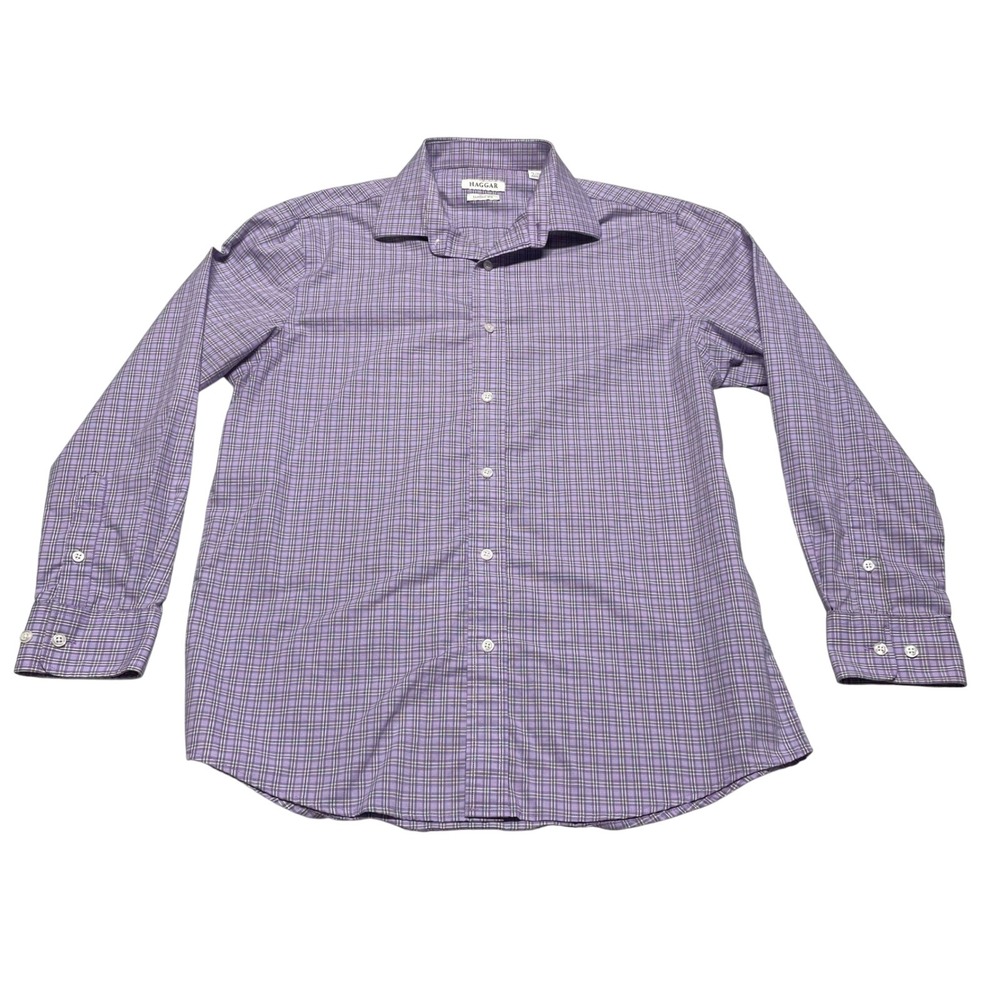 Haggar Button Up Shirt Mens 15-15.5 Purple Check Plaid Classic Fit Long Sleeve‎